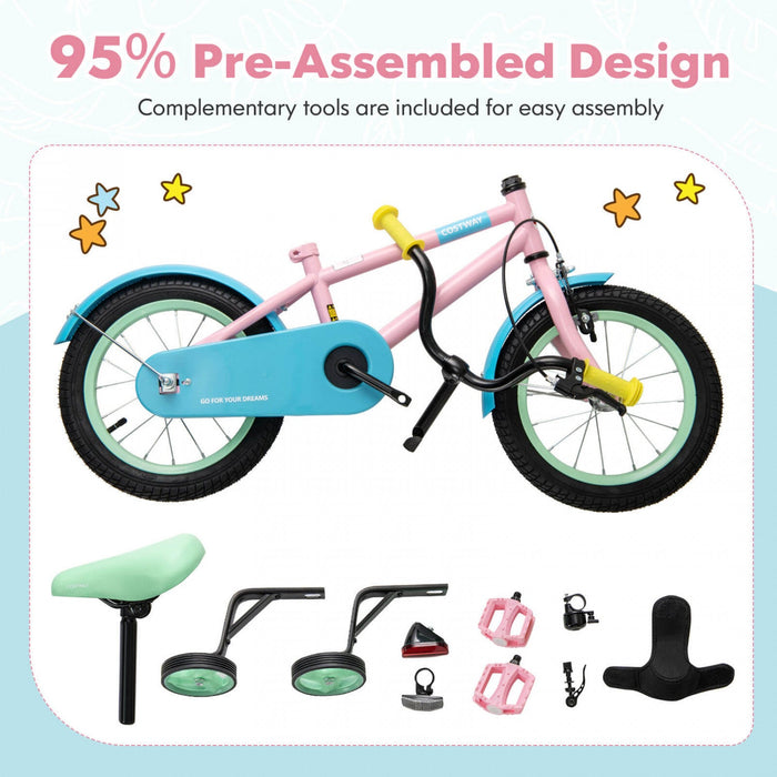 Costway 16" Kids Bike With Adjustable Saddle Handlebar Removable Training Wheels Handbrake Pink