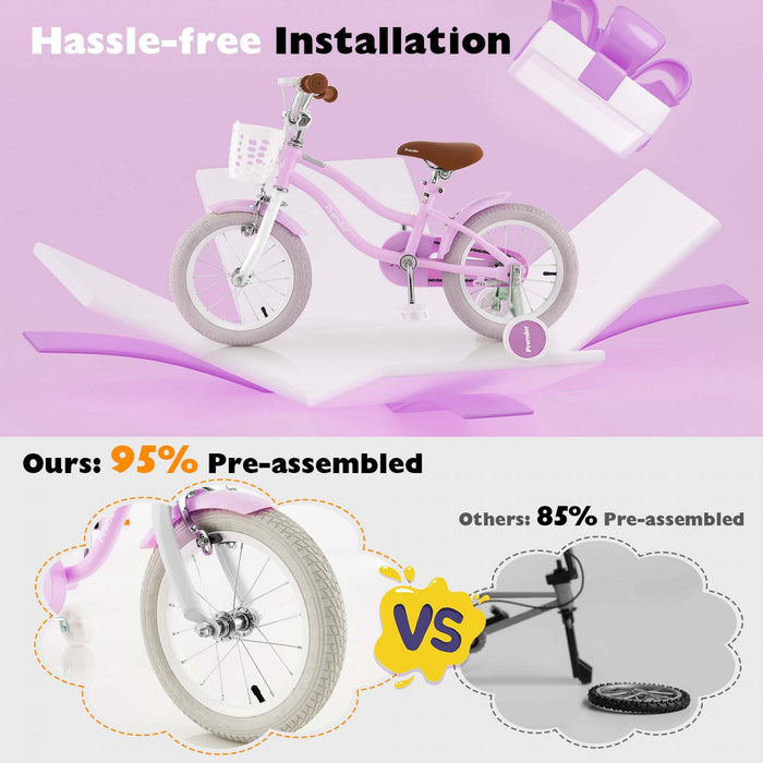 Costway 14" Kid's Bike With Removable Training Wheels & Basket For 3-5 Years Old Purple