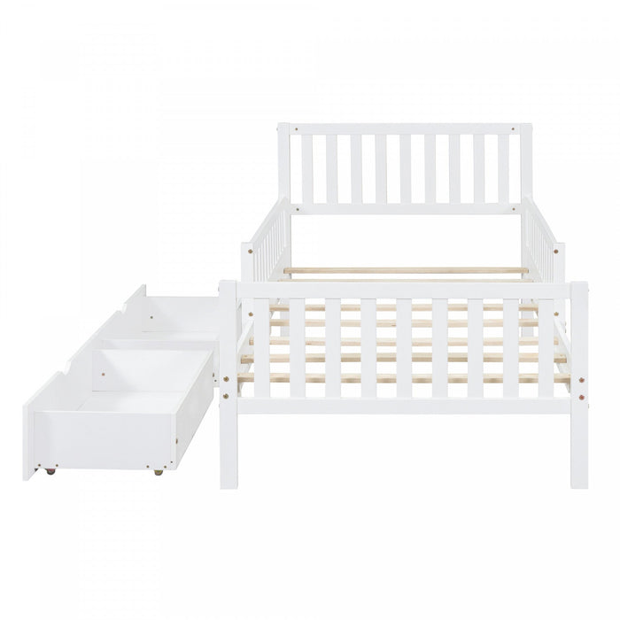 Emma Wood Platform Bed with Guardrails and Storage Drawers,Twin Size - White 