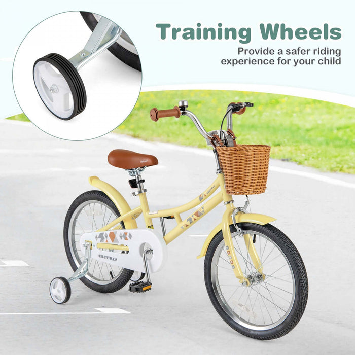 Costway 18" Kids Bike With Height Adjustable Handlebar Seat Basket Bell Training Wheels Yellow