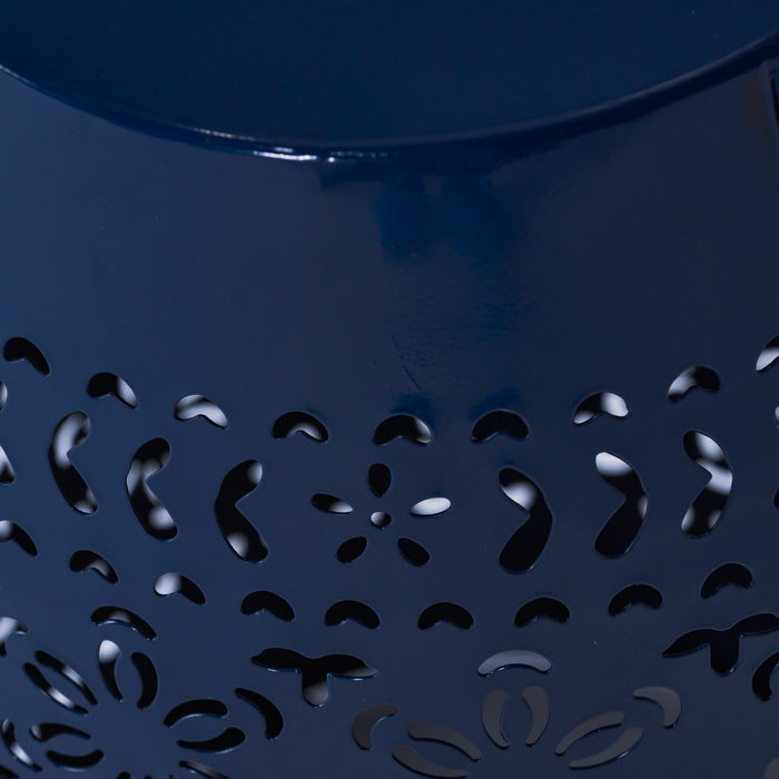 Phoenix Indoor 12\" Barrel Shape Iron Side Table With Lace-cut Design - Navy Blue 