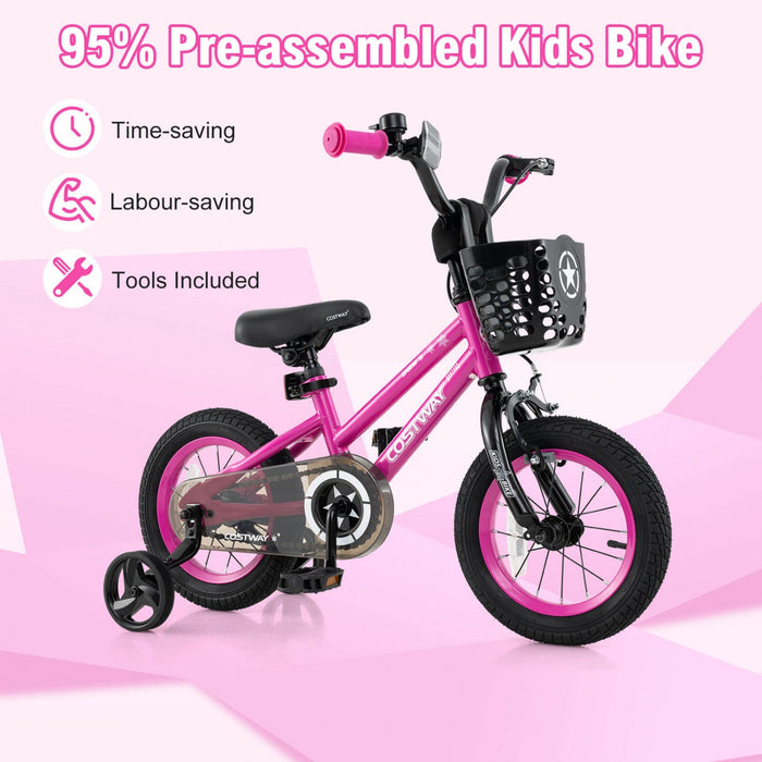 Costway 14" Kid's Bike With Training Wheels Adjustable Handlebar & Seat Handbrake Pink