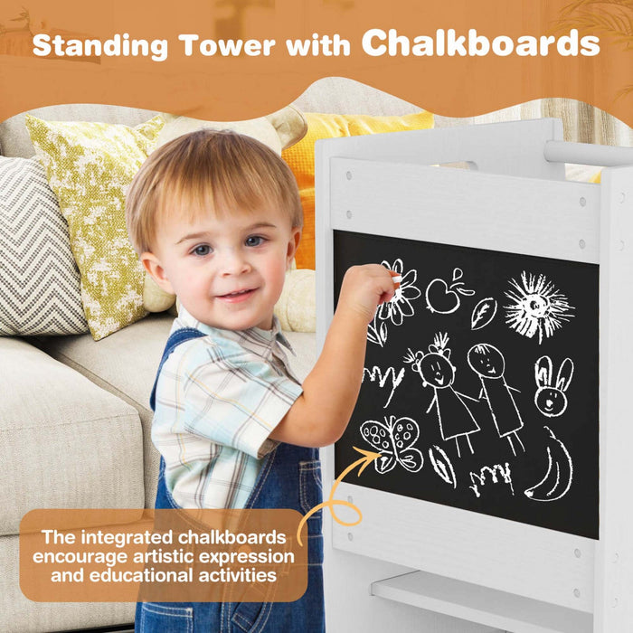 Costway Toddler Kitchen Step Stool With Activity Chalkboard Adjustable Height & Safety Rail White