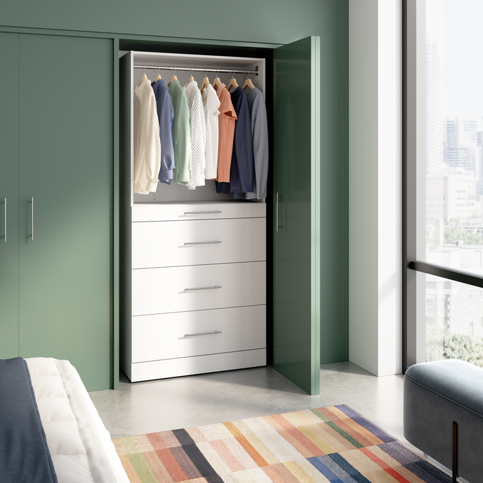 Bestar Florence 36\" Modular Reach-In/Walk-In Closet System Tower with Shelves and 4 Drawers Slab Style - White