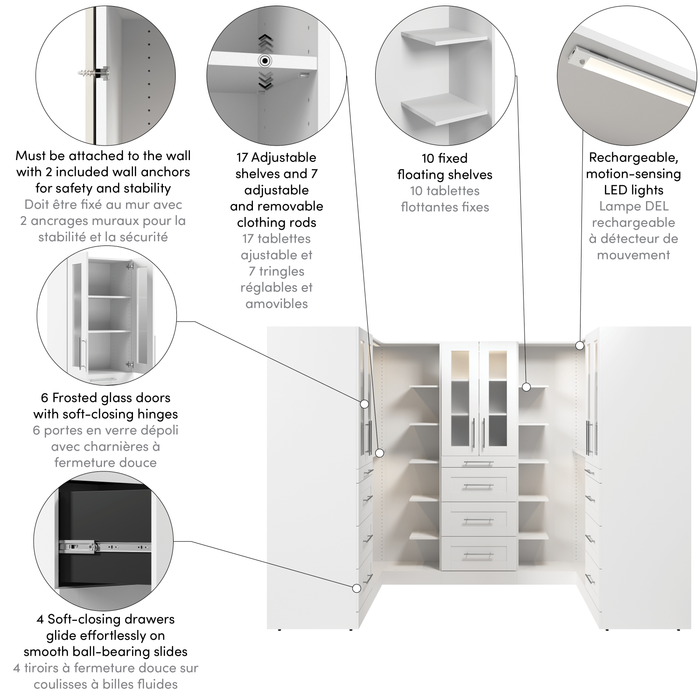 Bestar Florence 113\" Modular U-Shaped Walk-In Closet System with LED Lights, Rods, Shelves, Drawers 