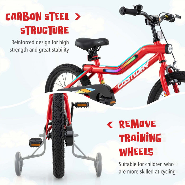 Costway 16" Led Lighted Kids Bike With Adjustable Seat Coaster Brake Training Wheels Red