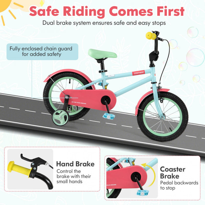 Costway 14" Kids Bike With Adjustable Saddle Handlebar Removable Training Wheels Handbrake Red
