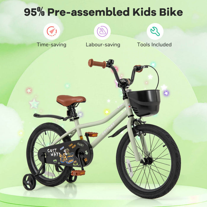 Costway 18" Kid's Bike With Training Wheels Adjustable Handlebar & Seat Handbrake Green