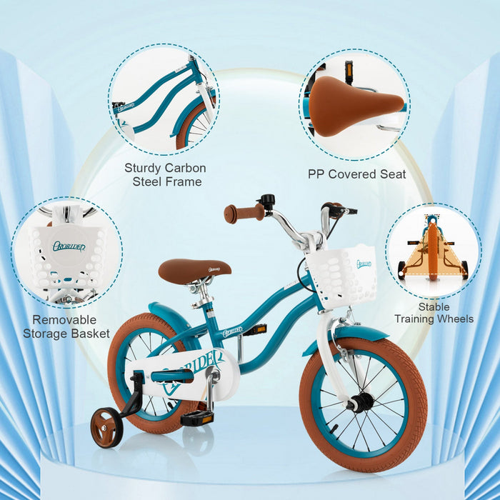 Costway 14" Kid's Bike With Removable Training Wheels & Basket For 3-5 Years Old Blue