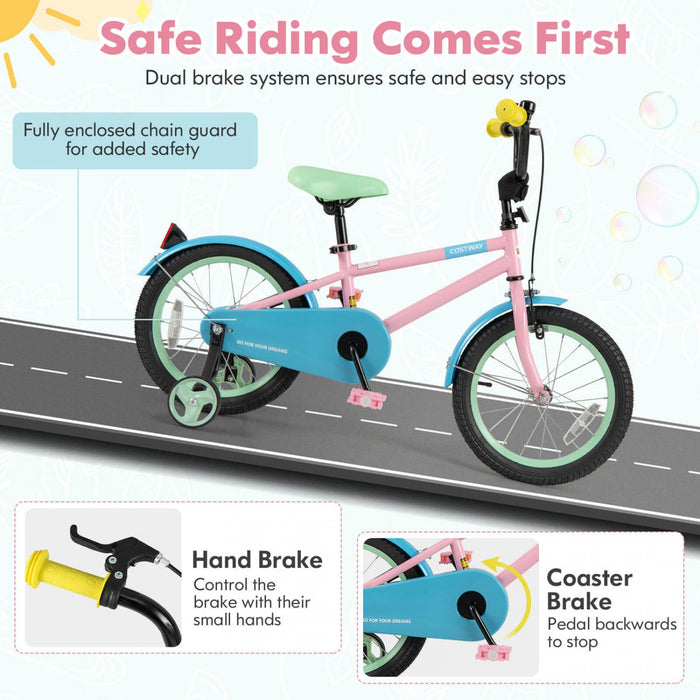 Costway 16" Kids Bike With Adjustable Saddle Handlebar Removable Training Wheels Handbrake Pink