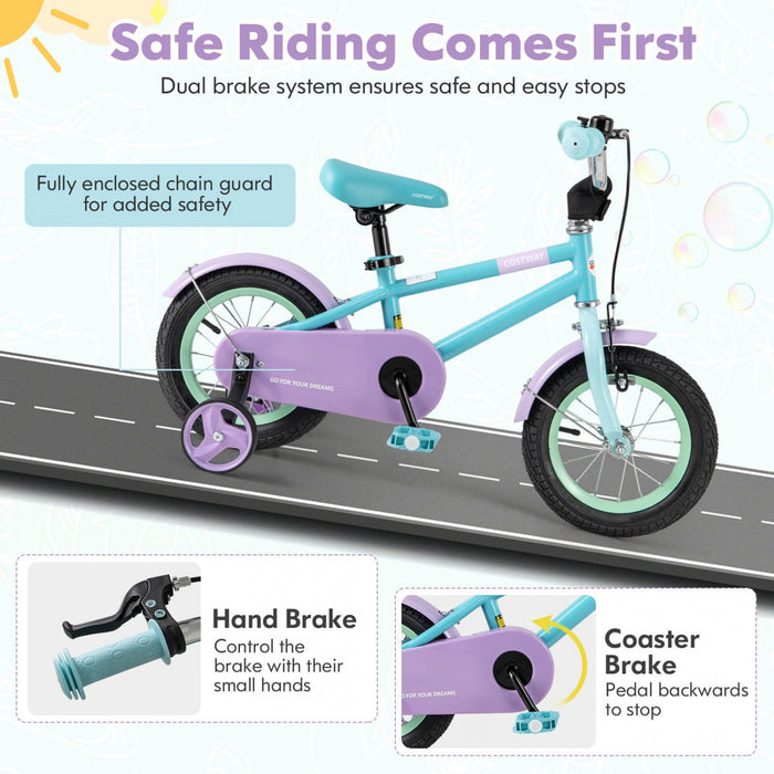 Costway 12" Kids Bike With Adjustable Saddle Handlebar Removable Training Wheels Handbrake Blue