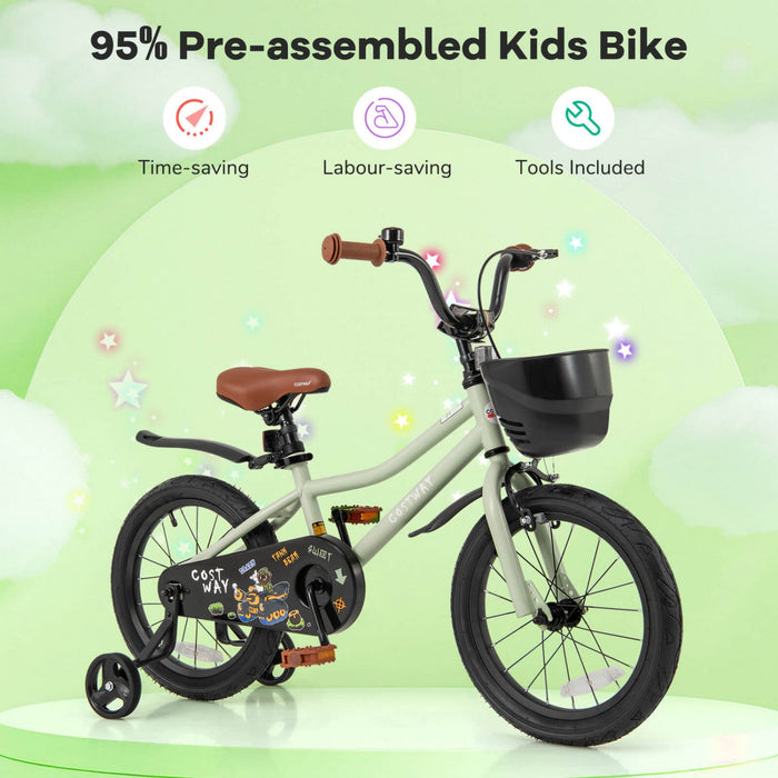 Costway 16" Kid's Bike With Training Wheels Adjustable Handlebar & Seat Handbrake Green