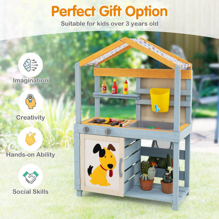 Costway 2 In 1 Wooden Mud Kitchen Outdoor Play Kitchen & Grocery Store With Sink