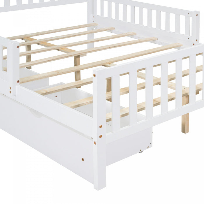 Emma Wood Platform Bed with Guardrails and Storage Drawers,Full Size - White 