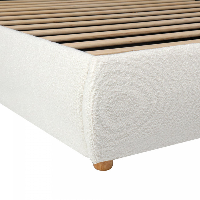 Camille Platform Bed with Curved Headboard and Luxurious Boucle Upholstery,Queen Size,White Queen Bed  