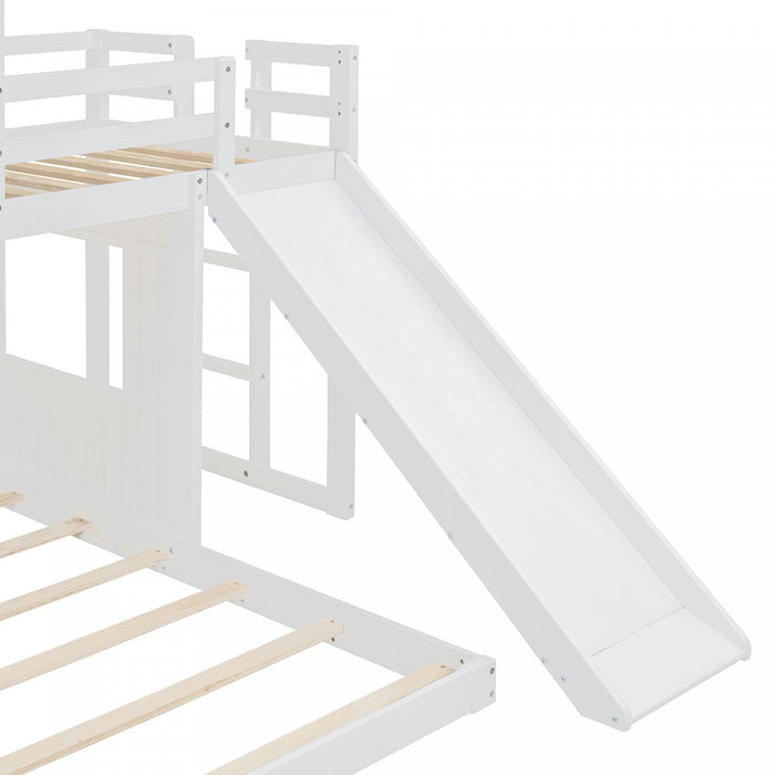 Marico Twin Over Solid Wood Full Bunk Bed With Slide, Playhouse Design - White 