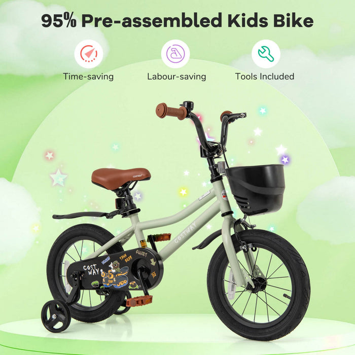 Costway 14" Kid's Bike With Training Wheels Adjustable Handlebar & Seat Handbrake Green