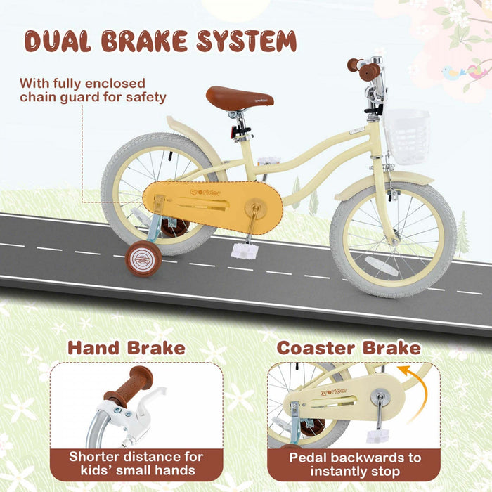 Prorider 16" Kids Bike Toddler Adjustable Bicycle With Training Wheel For 4-7 Years Old Girl Beige