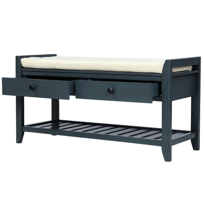 Stephanie Pine Wood Shoe Rack Bench With Cushioned Seat With Storage Drawers - Antique Navy 