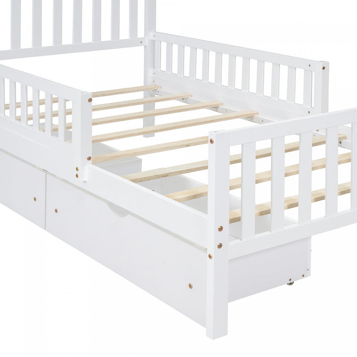 Emma Wood Platform Bed with Guardrails and Storage Drawers,Twin Size - White 