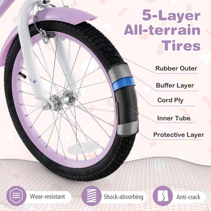 Costway 18" Girl Bike With Basket Detachable Training Wheels Adjustable Seat Handbrake Coaster Brake Purple