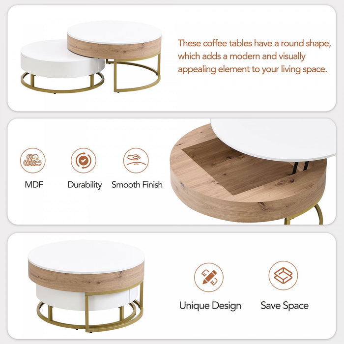 Sherry 31.5\" Round Engineered Wood Lift-top Nesting Coffee Table With Drawers - White 