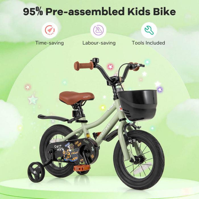 Costway 12" Kid's Bike With Training Wheels Adjustable Handlebar & Seat Handbrake Green