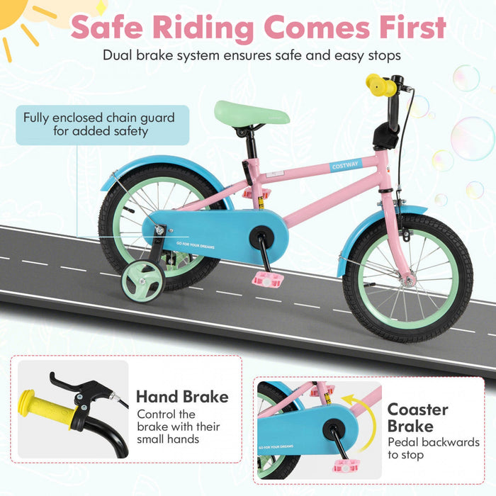 Costway 14" Kids Bike With Adjustable Saddle Handlebar Removable Training Wheels Handbrake Pink