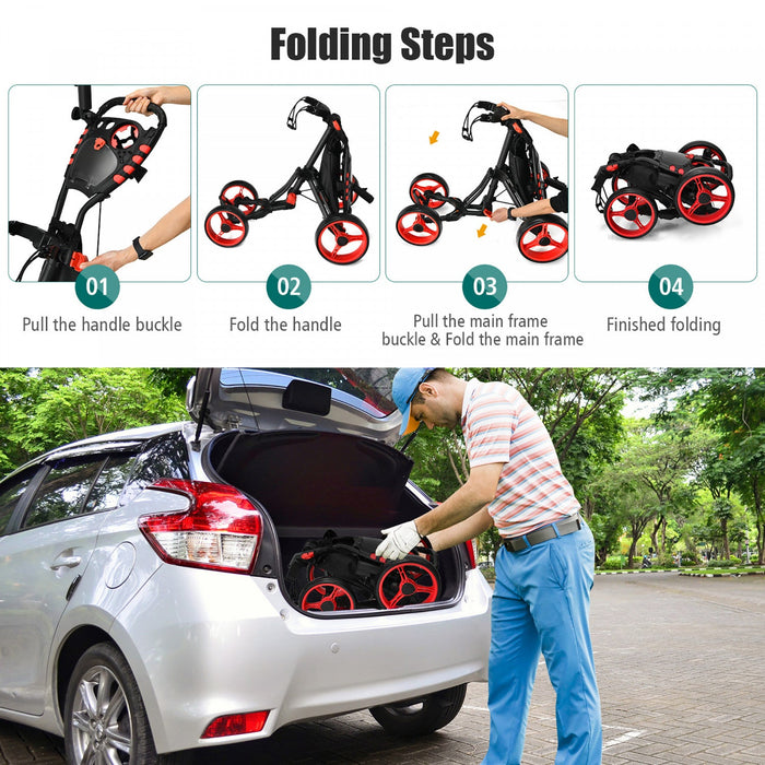 Goplus Folding 4 Wheels Golf Push Cart W/bag Scoreboard Adjustable Handle Red