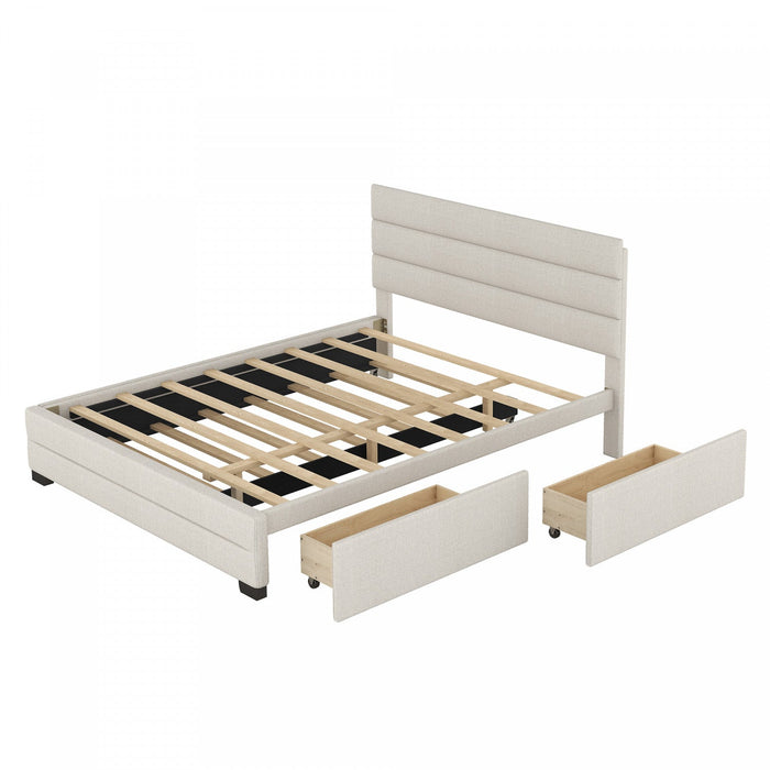 Sophie Linen-look Fabric Upholstered Platform Bed With Trundle And Storage Drawers, Queen Size - Beige 