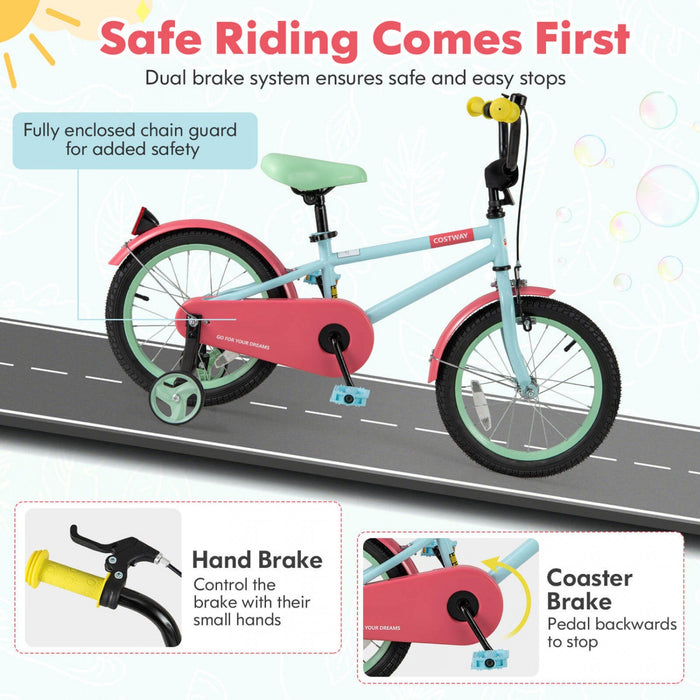Costway 16" Kids Bike With Adjustable Saddle Handlebar Removable Training Wheels Handbrake Red