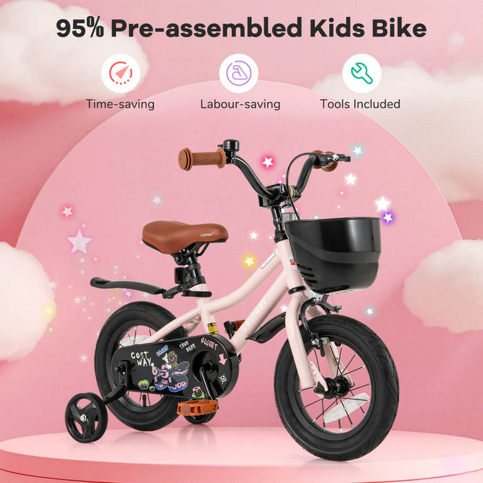 Costway 12" Kid's Bike With Training Wheels Adjustable Handlebar & Seat Handbrake Pink