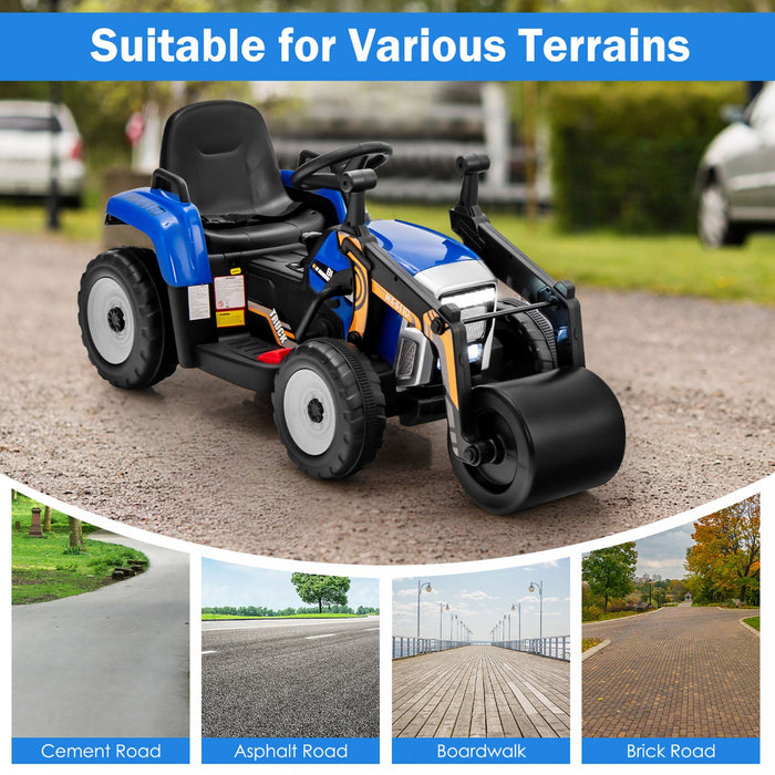 Costway Kids Ride On Road Roller 12v Electric Tractor Remote W/ Music & Led Light Blue