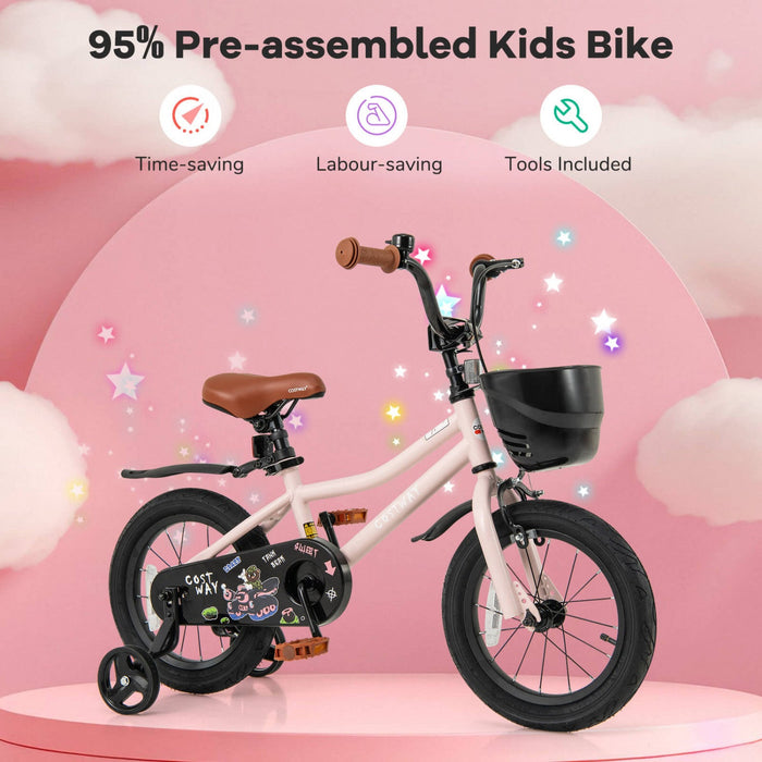 Costway 14" Kid's Bike With Training Wheels Adjustable Handlebar & Seat Handbrake Pink