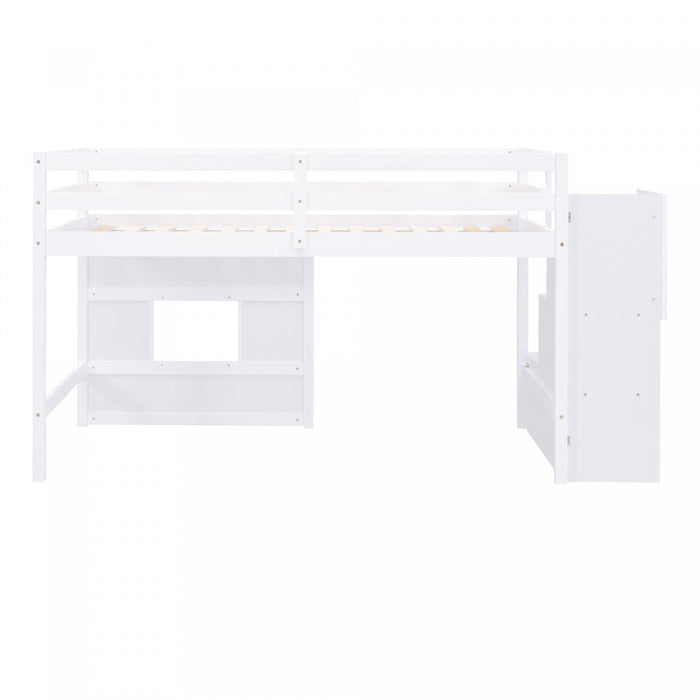 Martin Twin Solid Wood Loft Bed With Storage Stairs, Play Window, Led Light - White 