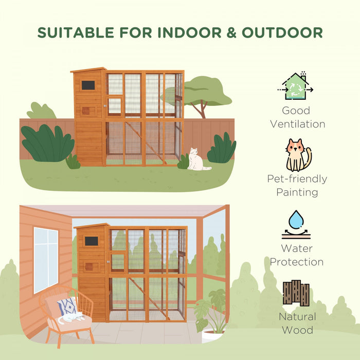 Pawhut Large Catio Outdoor Cat Enclosure Weatherproof Cat House With Cat Condo, Indoor Wooden Cat Ca