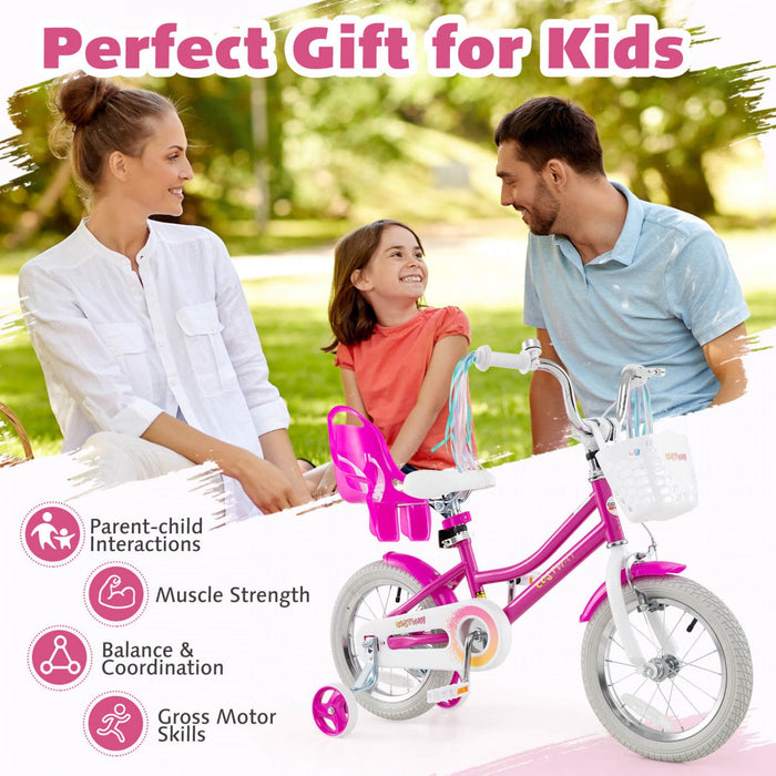 Costway 14" Kids Bike With Training Wheels Doll Seat Basket Streamers Hand Brake Pink