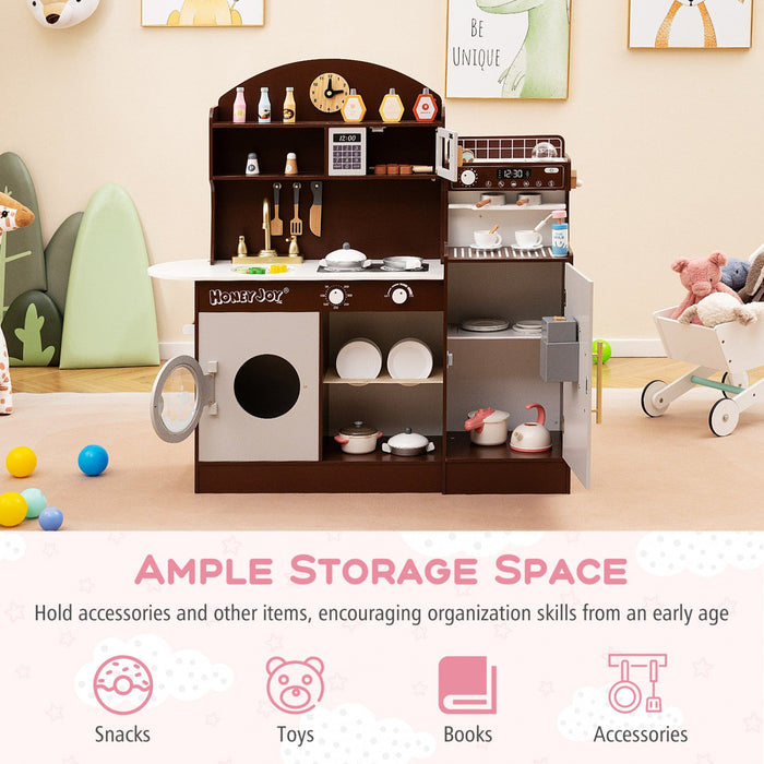 Honeyjoy Kids Kitchen Set Wooden Kitchen Playset With Clock, Microwave, Sink, Dish Rack Brown
