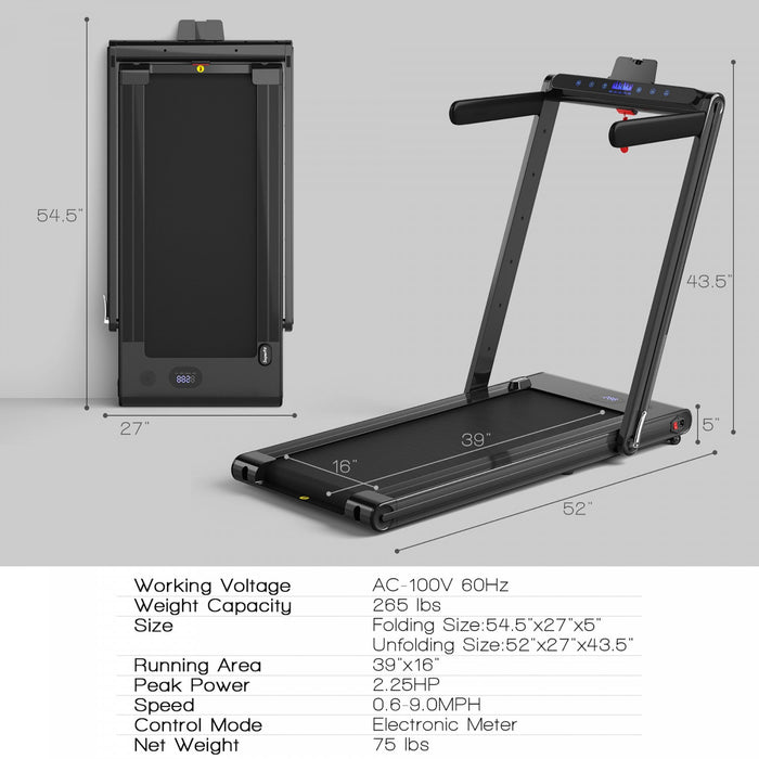 Costway 2-in-1 Folding Treadmill 2.25hp Jogging Machine W/ Dual Led Display Black