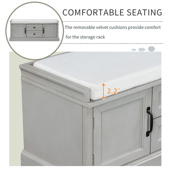 Boyce Solid Wood Storage Bench With 4-door Shoe Cabinet With Cushion -Grey 