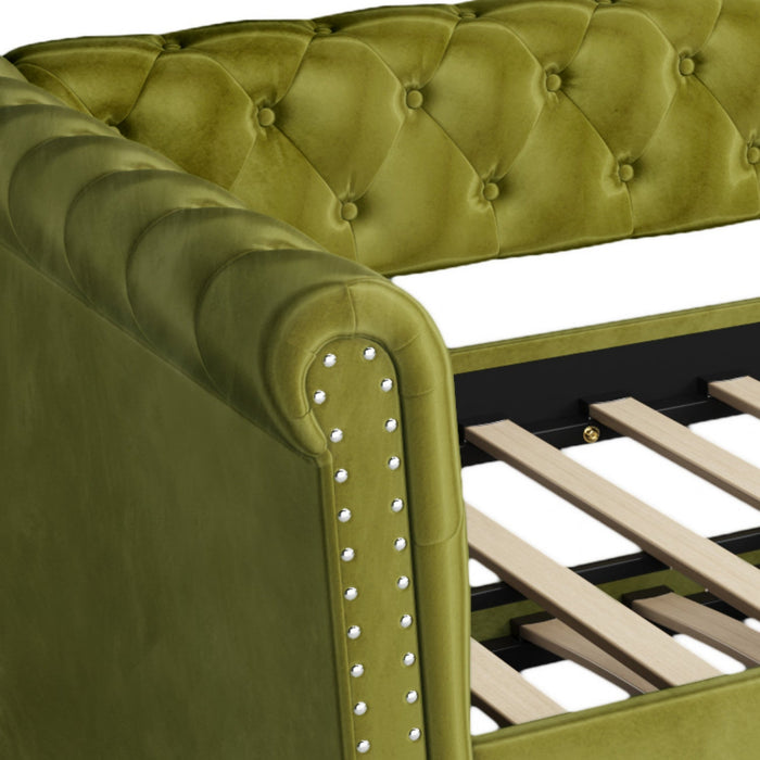 Sophia Tufted Design Upholstered Daybed with Trundle and Comfortable Backrest,Green  