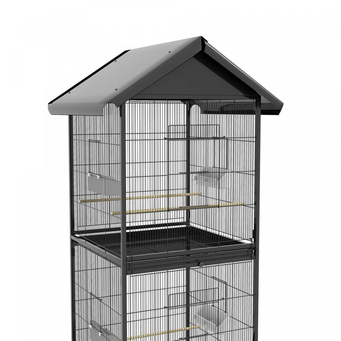 Pawhut Wrought Metal Bird Cage Feeder With Rolling Stand Perches Food Containers Doors Wheels 67\" H,