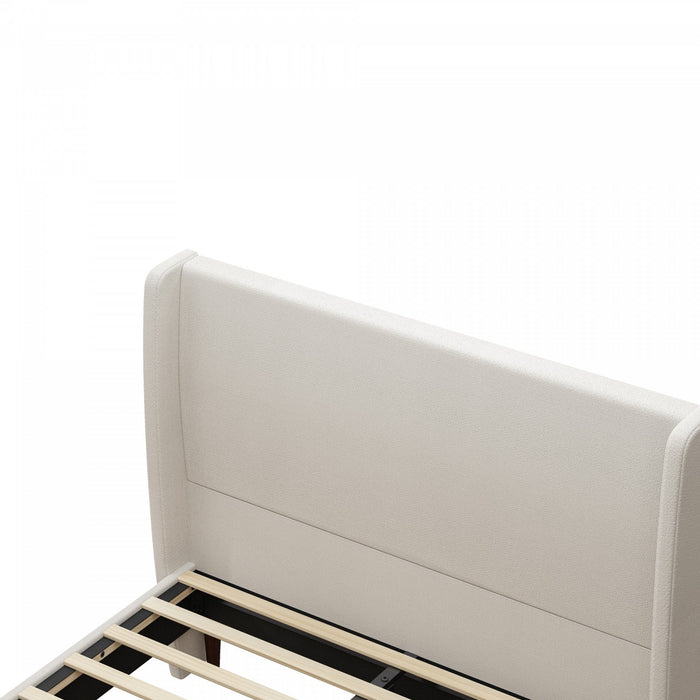 Harper Upholstered Queen Bed Frame with High Headboard, Chenille Fabric - Beige 