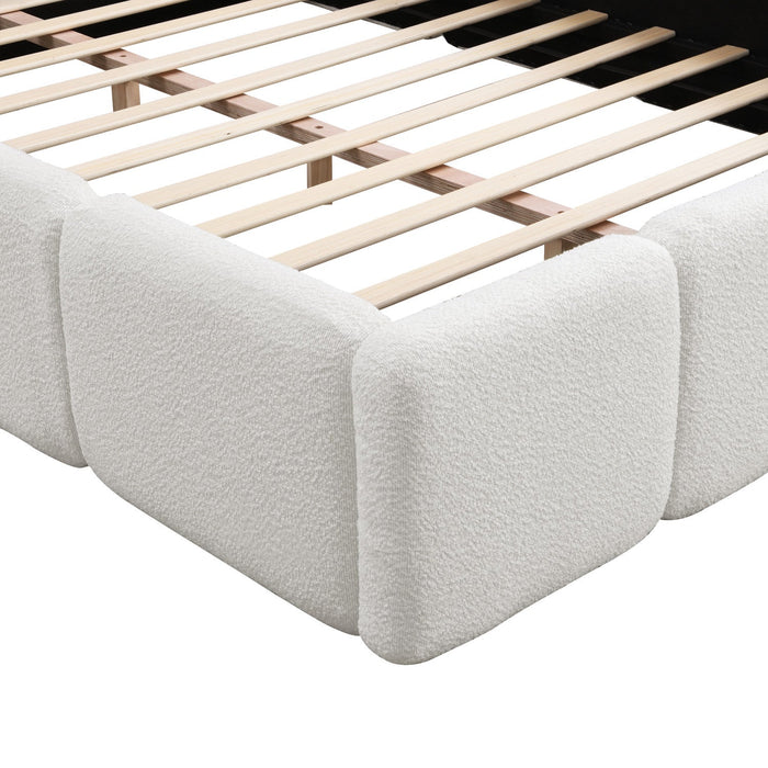 Aiden Platform Bed with Supportive Upholstered Frame in Boucle Fabric,Queen Size,White Queen Bed  