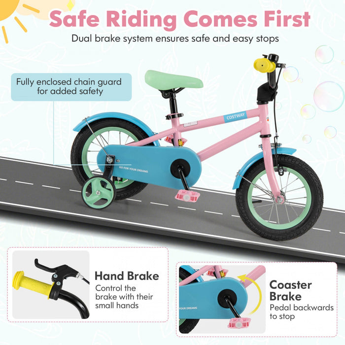 Costway 12" Kids Bike With Adjustable Saddle Handlebar Removable Training Wheels Handbrake Pink