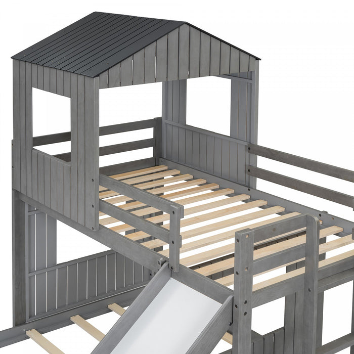 Marico Twin Over Solid Wood Full Bunk Bed With Slide, Playhouse Design - Antique Grey 