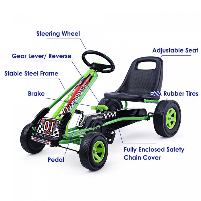 Costway Go Kart 4 Wheel Pedal Powered Kids Ride On Toy W/ Adjustable Seat Green