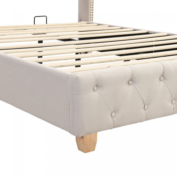 Haley Linen Upholstered Platform Bed with Classic Wingback Headboard and Diamond Tufted Upholstery,Queen Size,Beige Queen Bed  
