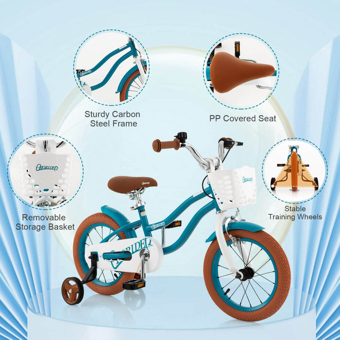 Costway 12" Kid's Bike With Removable Training Wheels & Basket For 3-4 Years Old Turquoise