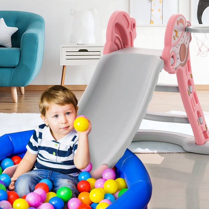 Costway 3-in-1 Kids Indoor Slide With Basketball Hoop & Basketball, Safe Buffer Zone Pink